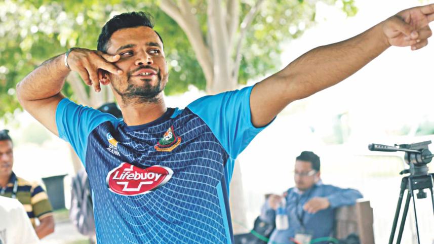 Bangladesh captain Mashrafe Bin Mortaza conjures a light moment during a practice session in Dubai 