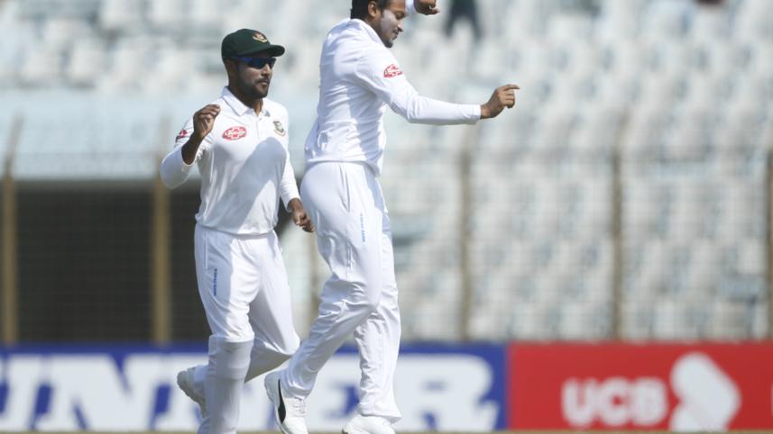 Bangladesh skipper Shakib Al Hasan celebrates a wicket during the first Test against West Indies 