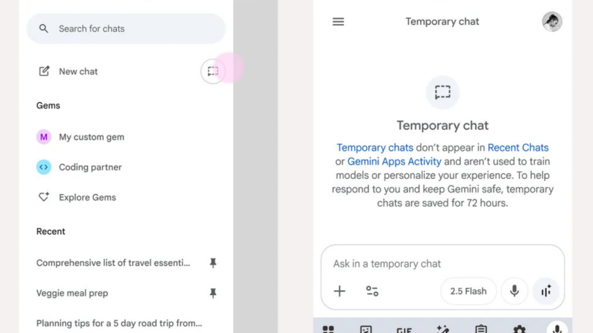 Google Gemini temporary chat