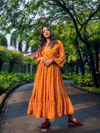 Orange Floral and geometric pattern dresses for summer